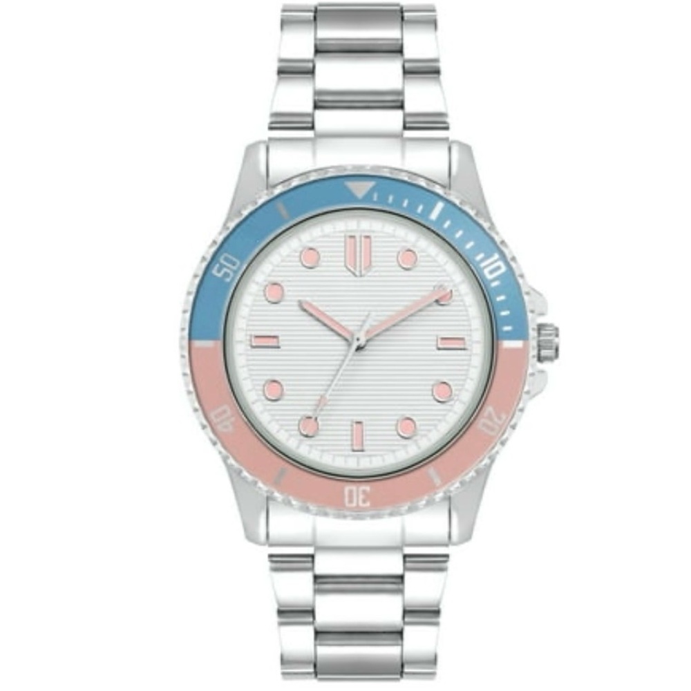 Time and Tru Silver Watch with Blue and Pink Accents